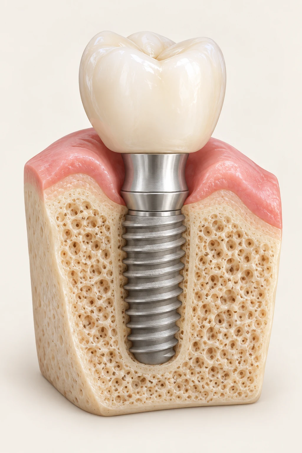 Illustration of an implant crown, connector, and threaded implant in a cutaway of gum and jawbone